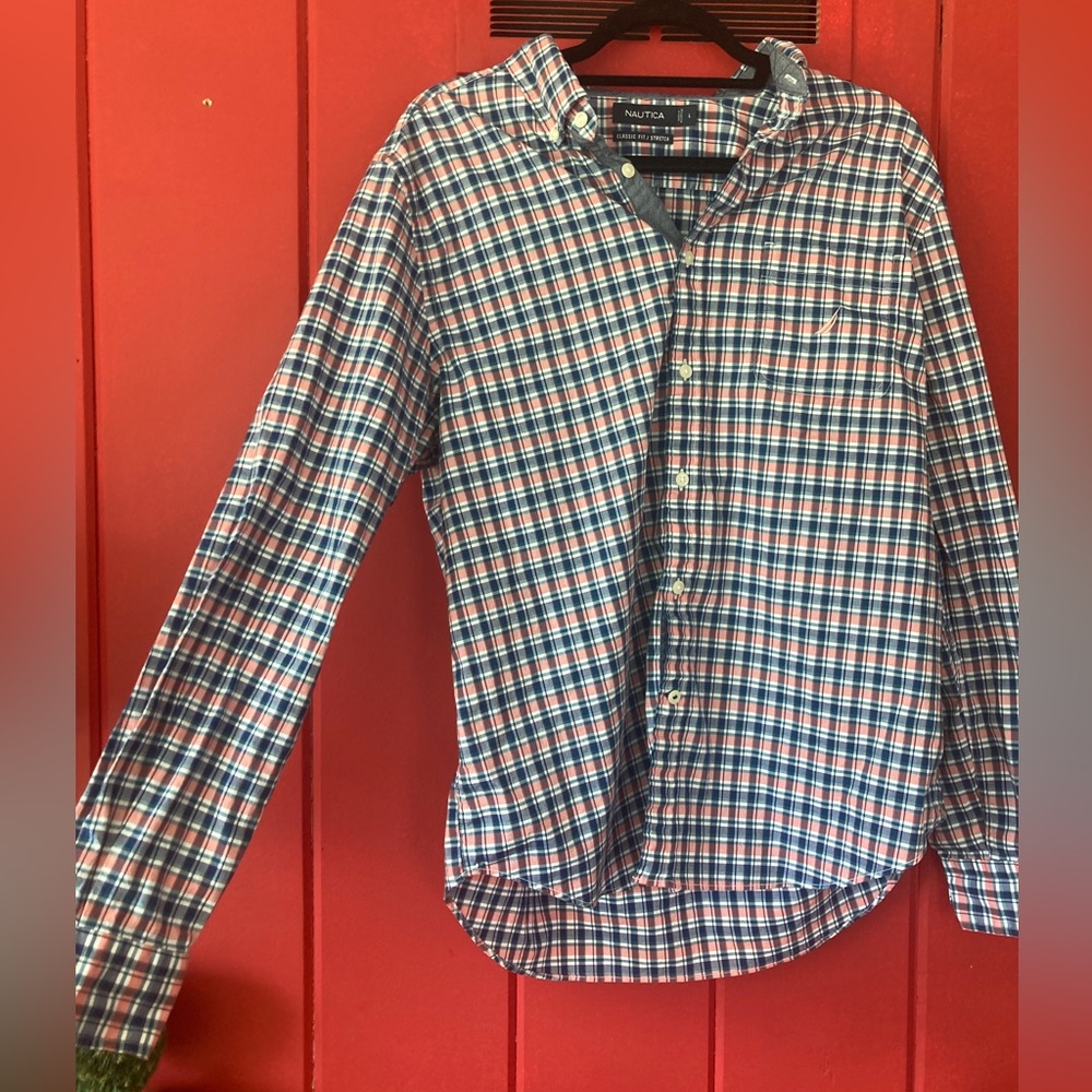 Nautica Salmon and Blue Plaid Button Up Long Sleeve Shirt Size L